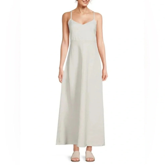 Theory NWT Haranna Cross-Back Dress in Linen Blend Mélange Light Grey Size 10 - Picture 1 of 16